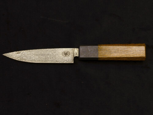 4" Ladder Damascus Petty Knife with Ebony and Oak handle